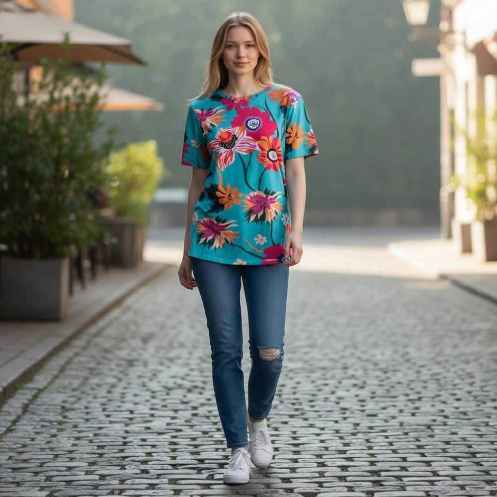 Spartina 449 Womens Floral T-Shirt Teal Pink Orange Short Sleeve‎ Cotton Blend S